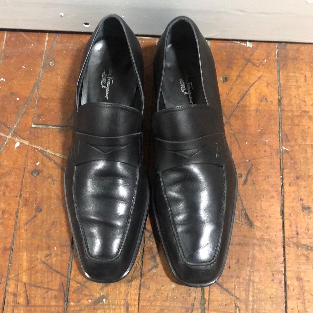 Salvatore Ferragamo Mens Studio Black Leather MocToe Penny Loafers Size 13